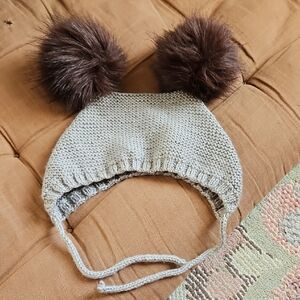 Charming Kids Knit Hat with Brown Pom Poms Wool Blend